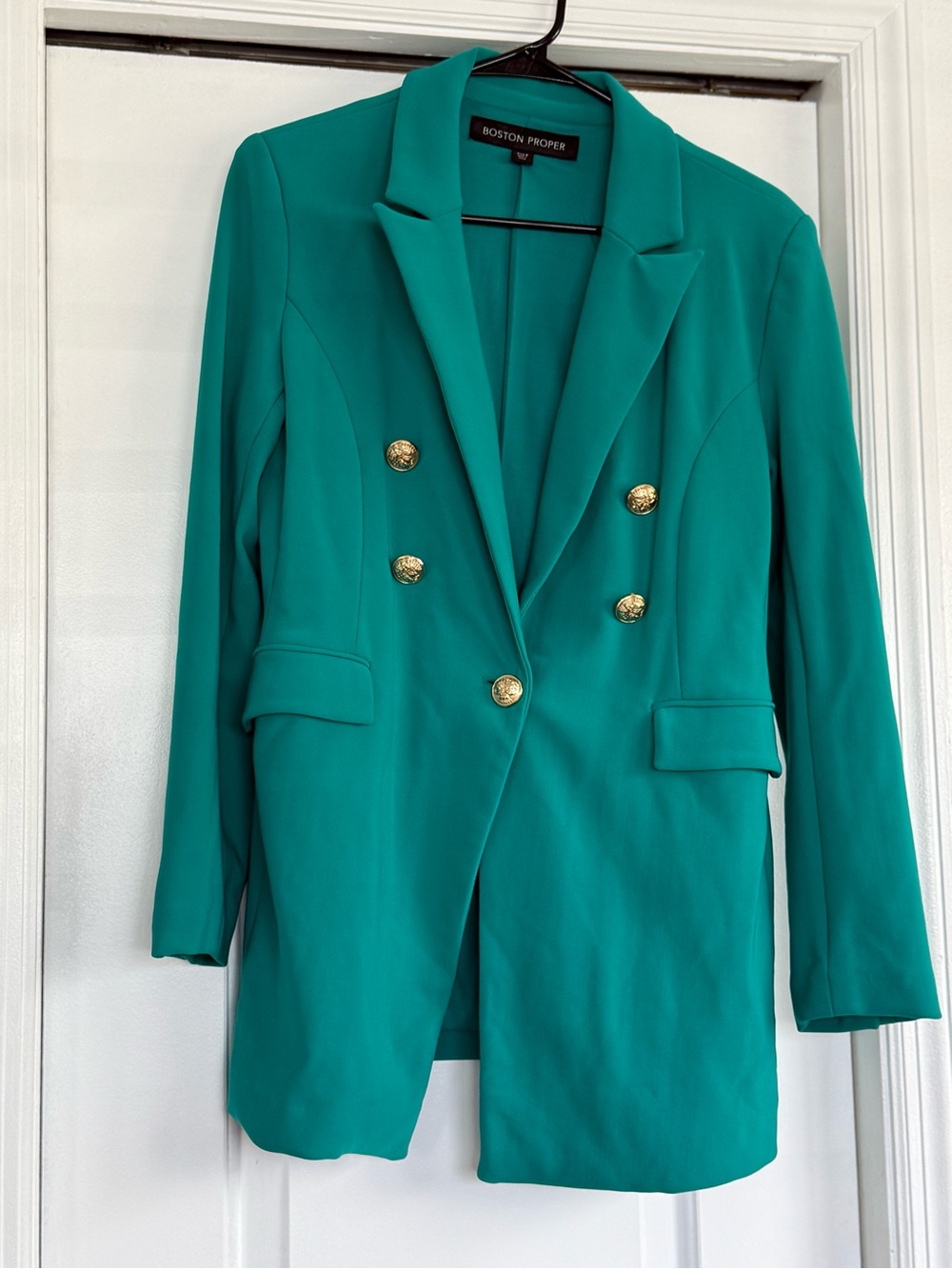 Boston Proper Teal Green Double-Breasted Blazer with Gold Buttons